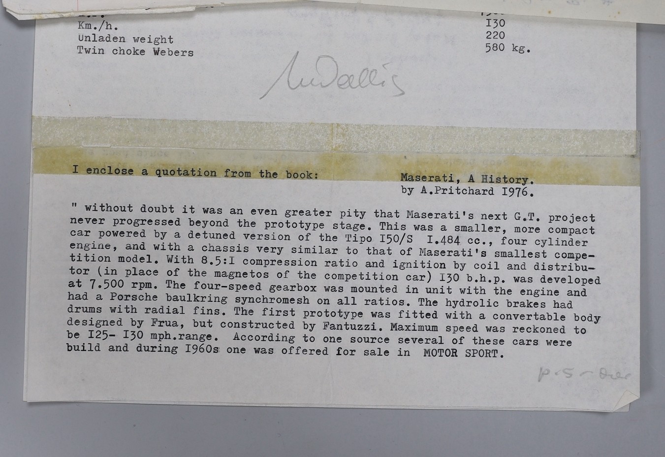 Maserati related ephemera including signed Stirling Moss Limited correspondence